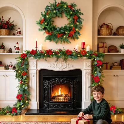 9 FT Christmas Garland with Lights - Artificial Pine Needle with Red Berries - Variation 1