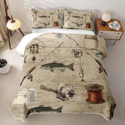 Brown 18 Twin Rustic Fishing Quilt Set with Pillowcase - Farmhouse Cabin Bedding