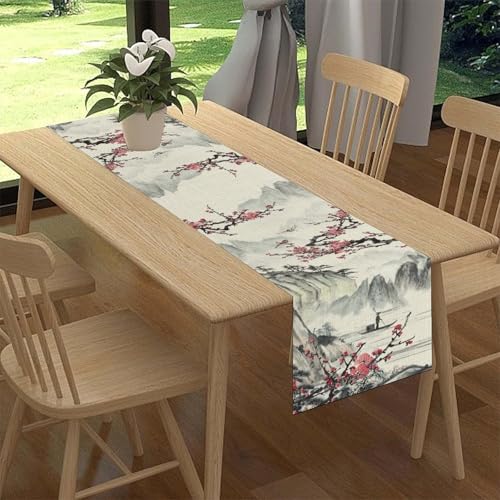 Japanese Table Runner - Ink Painting Plum Cherry Blossom Landscape, Rustic Asian Design, 13x36 Inches - Variation of THIS listing