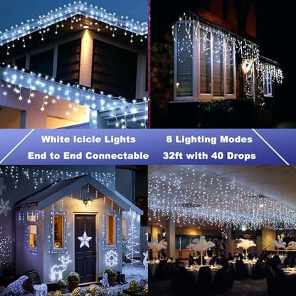 White Christmas Icicle String Lights 32Ft with 8 Modes & Timer - Waterproof Outdoor Decor