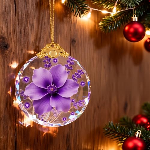 Purple Floral Crystal Christmas Ornament 2.75" Hanging Decor - YouerCrystal
