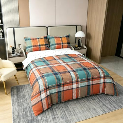 Orange White Autumn Grid Queen Duvet Cover Set Gingham Plaid Geometric