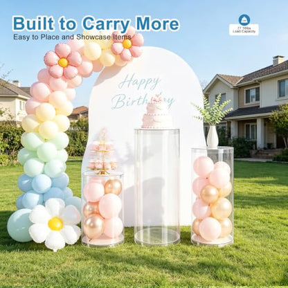 3-Piece Clear Cylinder Pedestal Stands for Weddings & Parties - 23.6, 29.5, 35.4 Inches