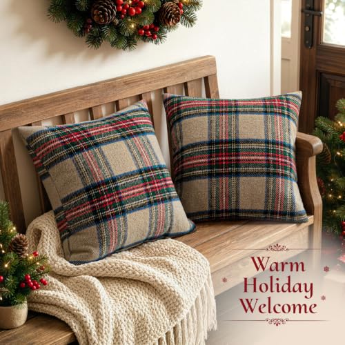 Christmas Khaki Scottish Check Pillow Covers 18x18 Plush Set of 2 - Holiday Home Decor