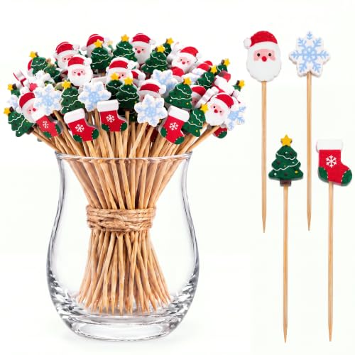 Christmas Santa Cocktail Picks Set - 200 Bamboo Toothpicks with Santa Design