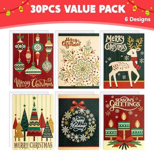 JOYIN 30 PCS Boxed Christmas Cards Assortment Elegant Icons With Envelopes, Diverse Festive 6 Designs for Winter Holiday Xmas Season Merry Christmas Cards, Present Giving, Wintertime Gifts
