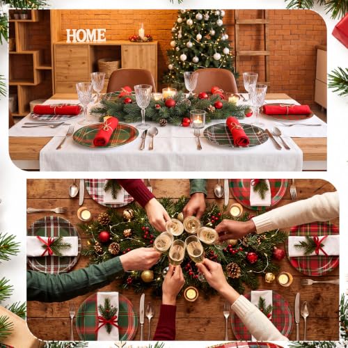 Christmas Plaid Paper Plates 7 Inch - 48 Pack Red Green White Festive Design