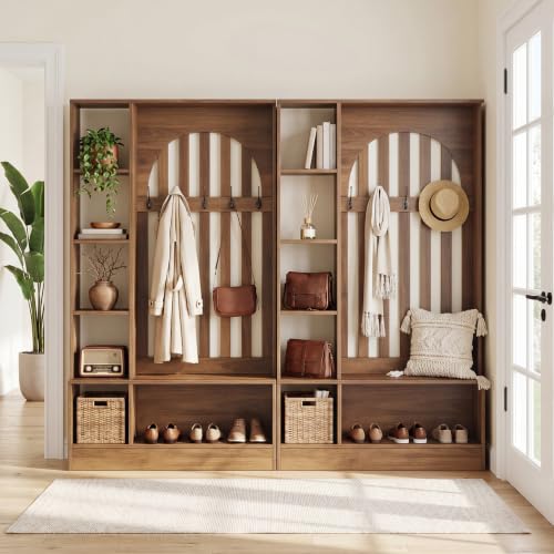 Room Divider with Storage Shelves and Bench - Freestanding Coat Rack & Open Shelves