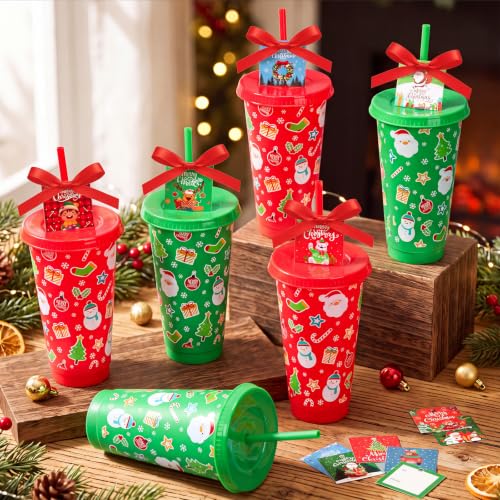 Christmas Plastic Cups Set with Lids & Straws - 24 oz, Red & Green, 24 Pack