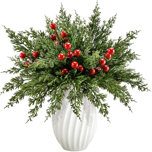 26PCS Artificial Christmas Pine Branches with Red Berry Stems - Holiday Decor