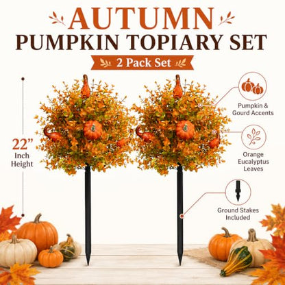 Fall Pumpkin Topiary Trees with Stakes - Orange, 22 Inch, 2 Pack