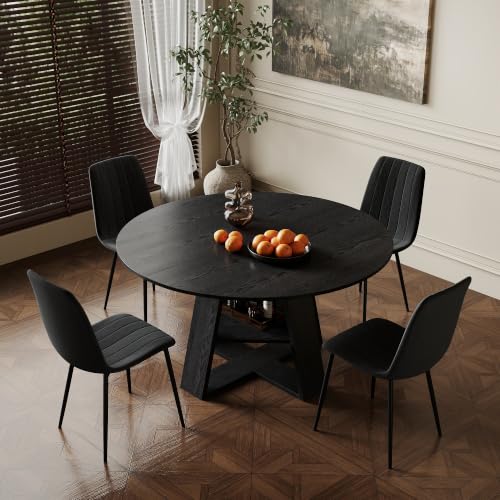 Black Extendable Round Dining Table Set for 4 - 43.3-59 Inch with Upholstered Chairs