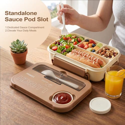 Adult Bento Box Lunch Container with 4 Compartments & Sauce Tray - Khaki