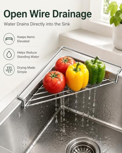 1pc Stainless Steel Corner Sink Shelf with Wire Sponge Holder & Drying Rack