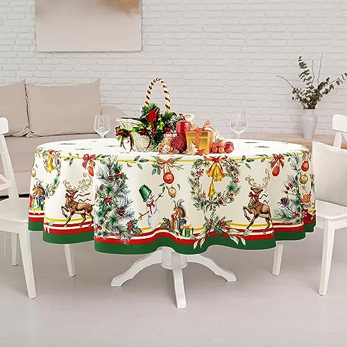 Oval Christmas Tablecloth 60 x 84in with Elk & Tree Holiday Decor - Waterproof Polyester
