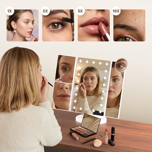 White Lighted Makeup Mirror with LED Lights, Trifold Vanity with 1X/2X/3X/10X Magnification, Touch Control, Portable Travel Cosmetic Mirror