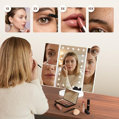 White Lighted Makeup Mirror with LED Lights, Trifold Vanity with 1X/2X/3X/10X Magnification, Touch Control, Portable Travel Cosmetic Mirror