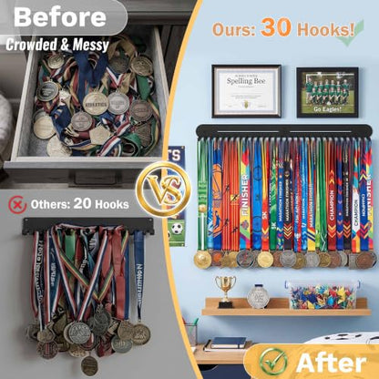 Heavy Duty Medal Hanger Display Rack Wall Mount - 24 Inch, 30 Hooks, Black