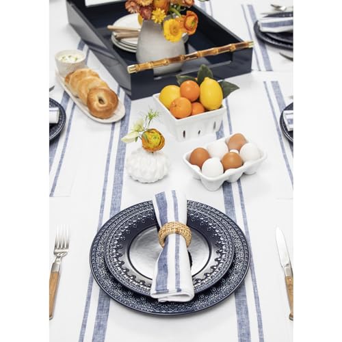 Navy & White Linen Table Runner 14 x 120 Inches - Handmade European Fabric