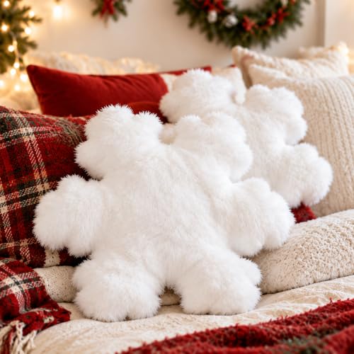 Faux Snowflake Christmas Throw Pillows - Set of 2, White, 17.7 Inch