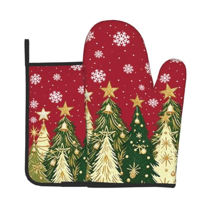 Christmas Tree Oven Mitts and Pot Holders Set - Pine Tree Design, 2 Pack