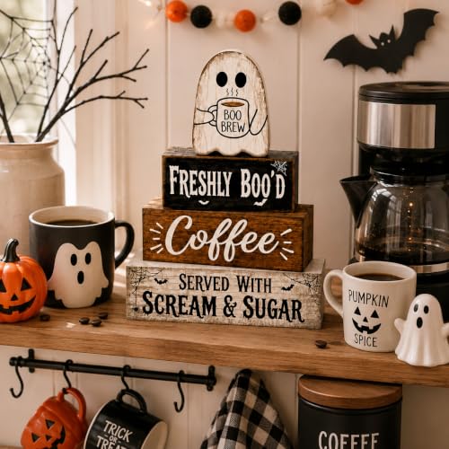 Halloween Wooden Ghost Kitchen Coffee Bar Decor - Cute Ghost Sign Variation