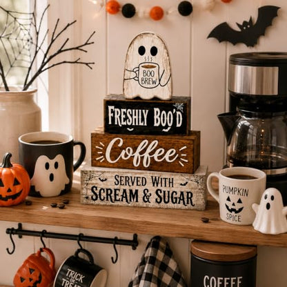Halloween Wooden Ghost Kitchen Coffee Bar Decor - Cute Ghost Sign Variation
