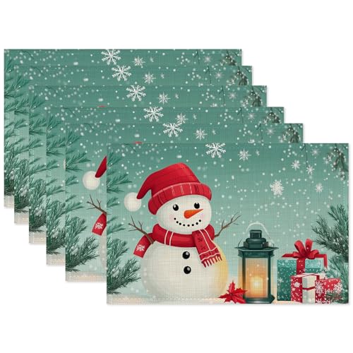 Christmas Snowman Placemats Set of 6 - Washable Linen Table Mats for Kitchen & Dining