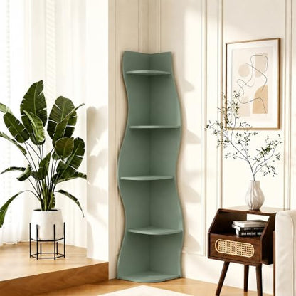 Small Wavy Corner Shelf - Modern 5-Tier Wall Corner Bookshelf in Sage Green
