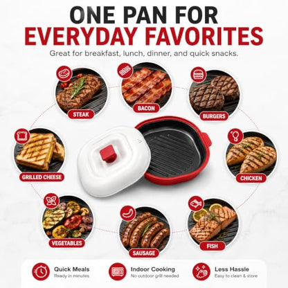 Microwave Grill Pan with Lid, Nonstick Red Grill Plate for Indoor Cooking
