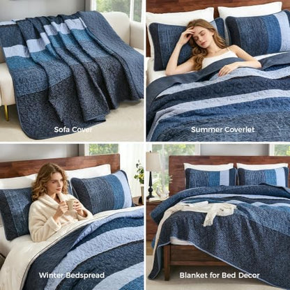 King Navy Blue Striped Quilt Set - 3-Piece Boho Bedding with Shams