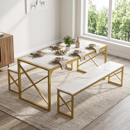 55-Inch Kitchen Dining Table Set for 4 with Benches - Space-Saving Steel Frame and Wood Grain Finish
