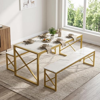 55-Inch Kitchen Dining Table Set for 4 with Benches - Space-Saving Steel Frame and Wood Grain Finish