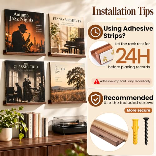 Wall Mount Vinyl Record Shelf - 6 Pcs Rubberwood, Dark Brown Finish