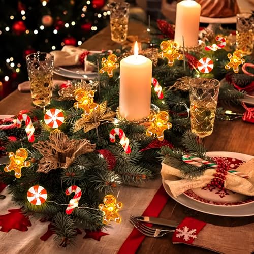 Battery-Operated Christmas Lights 16ft Gingerbread & Candy Cane Ornaments, 40 LEDs Timer