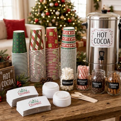 Christmas Paper Cups 9 oz Set with Sleeves and Lids - Red & Green Classic Design