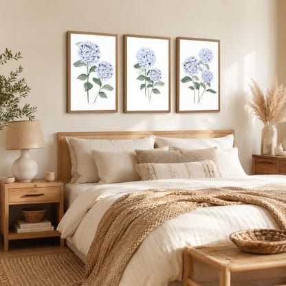 Framed Blue Hydrangea Wall Art Set - Botanical Floral Canvas Decor