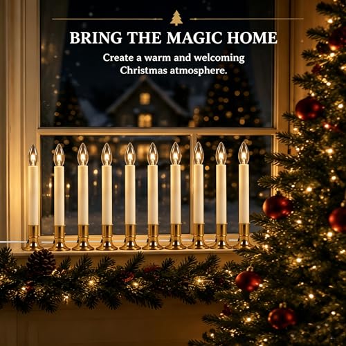 Gold 10 Pack Plug-in Electric Window Candles with Dusk to Dawn Sensor - Flameless Christmas Decor