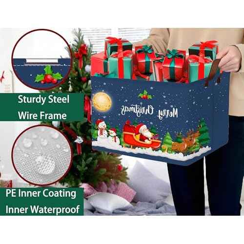 Large Christmas Gifts Empty Baskets Kids Collapsible Holiday Storage Bin with Handle (Deer Santa Claus)