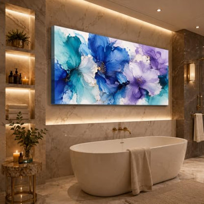Aqua Indigo Bloom Floral Canvas Wall Art - 58x28 Inch Framed Botanical Decor