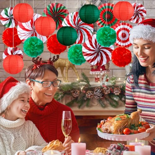 Christmas Candy Hanging Decorations Set - Red & Green, 21 Pcs with Fans, Pom Poms & Lanterns - Variation of Candy