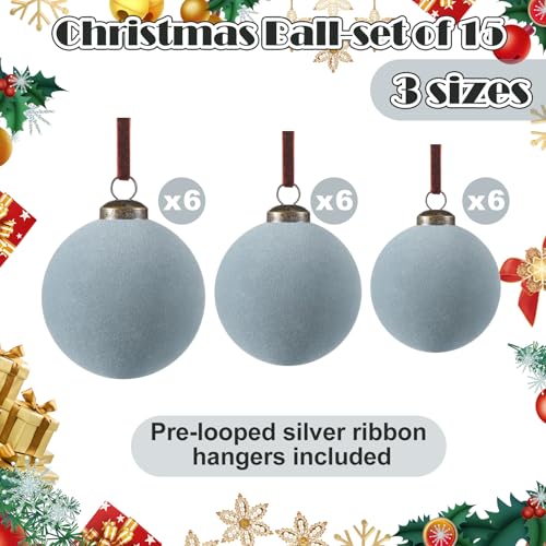 Gray Blue Velvet Christmas Tree Ornaments - 18 Pack Flocked Holiday Balls with Hanging Ropes