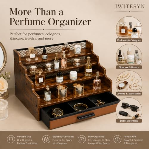 Brown Wooden 4-Tier Cologne Organizer Stand with Drawer - Square
