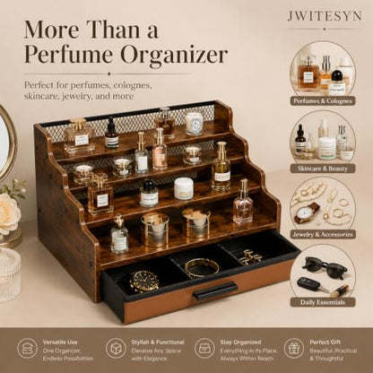 Brown Wooden 4-Tier Cologne Organizer Stand with Drawer - Square