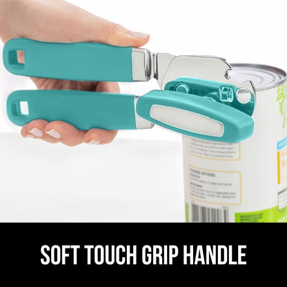 The Original Gorilla Grip Heavy Duty Stainless Steel Smooth Edge Manual Hand Held Can Opener With Soft Touch Handle, Rust Proof Oversized Handheld Easy Turn Knob, Large Lid Openers, Turquoise