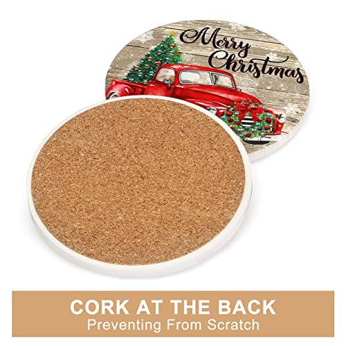 Christmas Truck Coasters Set with Gold Holder - Red Vehicle Holiday Drink Coasters - Variation of Truck Christmas Tree 01