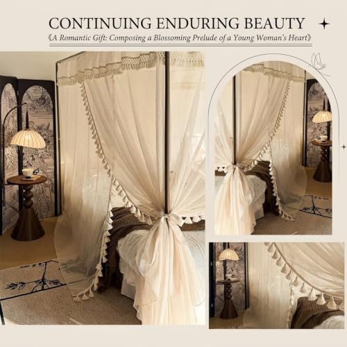 Canopy Bed Curtains with Bohemian Tassel Pendant Cotton Yarn - Beige / 1.5x2M