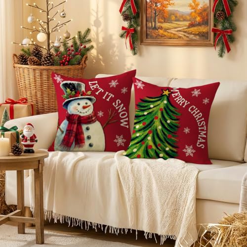 Christmas Throw Pillow Covers 18x18 Inch Set of 4 - Red Xmas Decor, Snowman & Christmas Tree Pattern - Variation of Christmas 15 / 18" x 18" (Pack of 4)