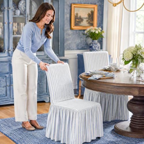 Set of 4 Blue Stripe Ruffled Dining Chair Covers - Cottage Style