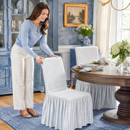 Set of 4 Blue Stripe Ruffled Dining Chair Covers - Cottage Style